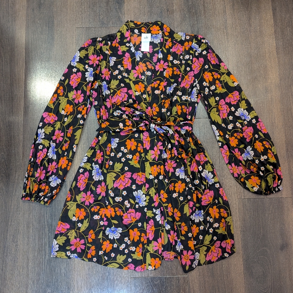 Cabi S black floral long sleeve open dress / robe